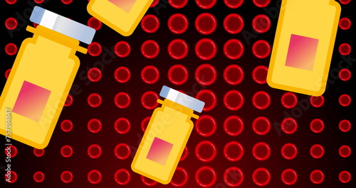 Image of yellow pills over red cells on black background