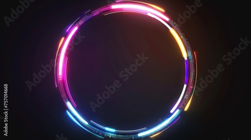 Neon glowing circle frame with glitch effect on black background. Realistic modern illustration set of ring border with digital light bug.