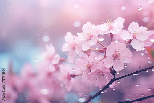 Abstract blurred background with fresh rain and spring flowers