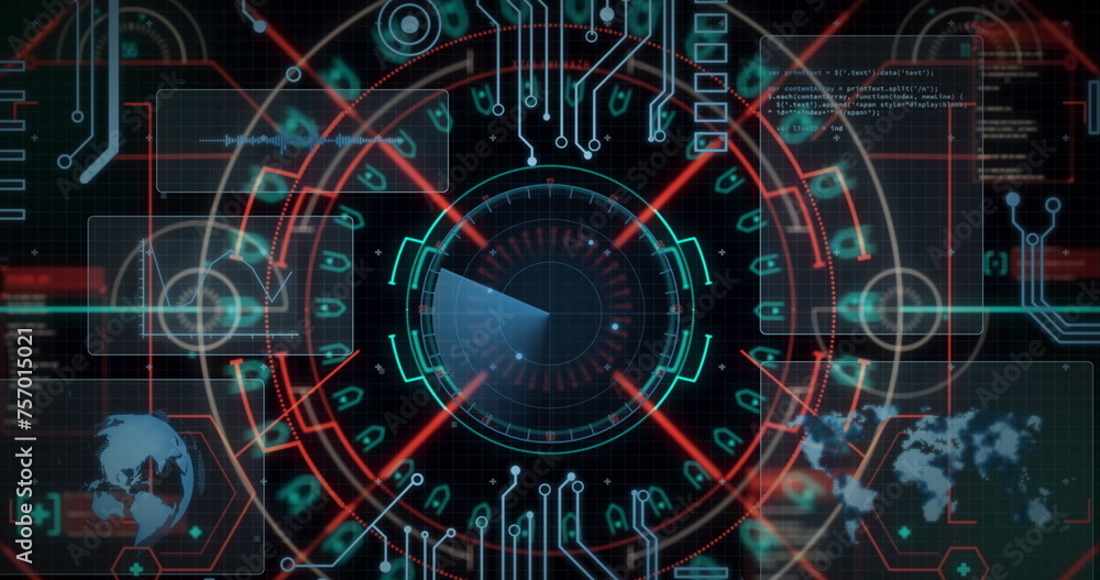 Image of data processing with scope scanning on black background Image of data processing with scope scanning on black background
