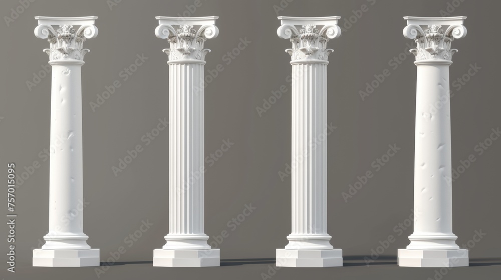 A Roman column made of white clay. A realistic 3D illustration of a Greek temple building with a pillar made of stone. An antique marble colonnade for an historic building's decorative facade design A Roman column made of white clay. A realistic 3D illustration of a Greek temple building with a pillar made of stone. An antique marble colonnade for an historic building's decorative facade design