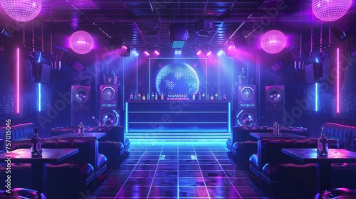 Interior of a nightclub with a DJ stand and loudspeakers, a dance floor, bottle and cocktail tables, chairs and sofas for visitors, a disco ball on the ceiling, and neon glow signs.