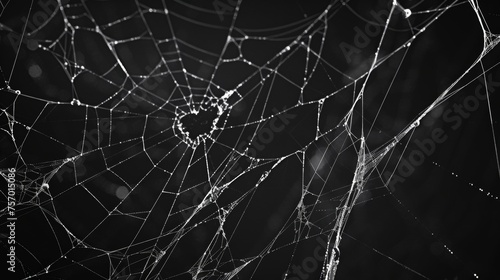 Halloween spider web background modern with black backdrop. Scary ghostly cobweb net texture on black background with thin sticky thread line. Arachnid trap. © Mark