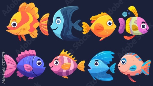 Animal characters with fins on an ocean or aquarium background. Underwater creatures on an aquarium or ocean bottom.