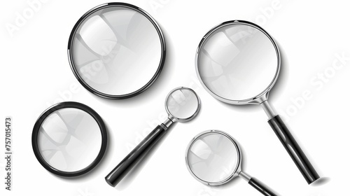 Zooming and magnifying glass in different view angles with realistic modern set of metal loupes with plastic handles for search or focusing concepts. Optical equipment for magnifying and zooming.