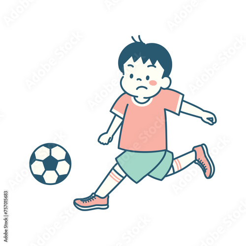 サッカーの試合でドリブルをする男の子のイラスト　シンプル