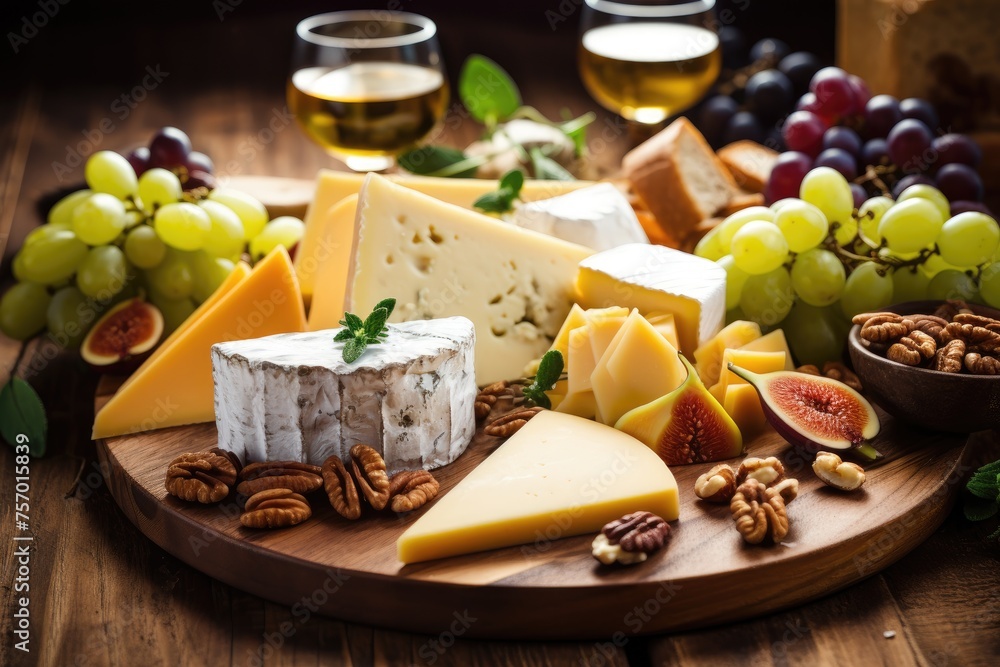 Assorted cheeses grapes nuts honey bread and dates presented on a rustic wooden background Retro cheese selection on a dark wood board Assorted cheeses grapes nuts honey bread and dates presented on a rustic wooden background Retro cheese selection on a dark wood board