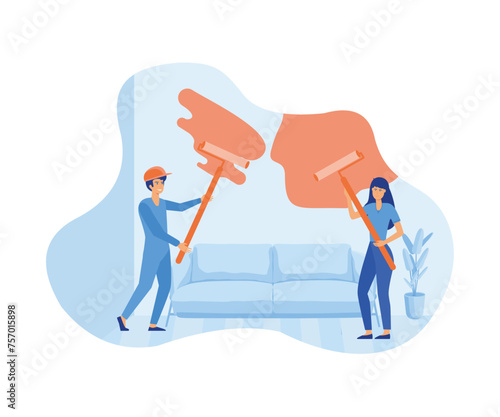 Home renovation and repair concept. Young couple man and woman standing back painting walls in new apartment yellow. flat vector modern illustration