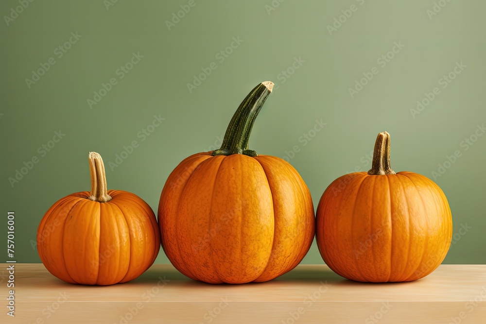 Autumn themed still life photo of three pumpkins on podiums Autumn themed still life photo of three pumpkins on podiums