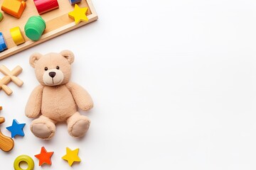 Baby kids toys on white background Teddy bear and wooden educational toys on desk Overhead view