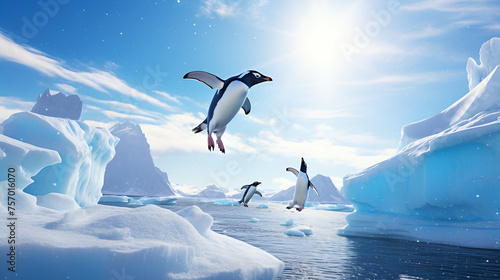Penguins are jumping up the water under a blue and cloudy sky sunny background
