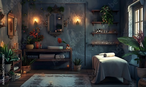 a captivating 3D representation of a spa treatment room with AI, incorporating Daz3D style, dark grey furniture and walls, enchanting lighting, and meticulous cottagecore design for a warm tonal range photo