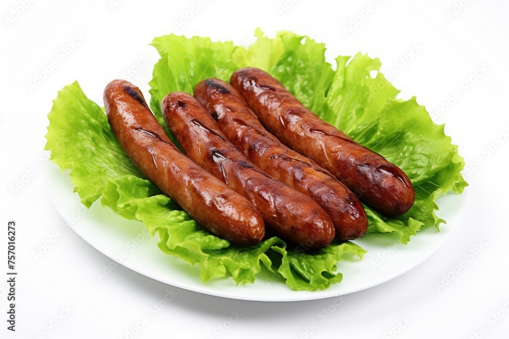 Bavarian sausages with lettuce on white background Bavarian sausages with lettuce on white background