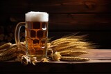 Beer and brewing essentials on wooden backdrop