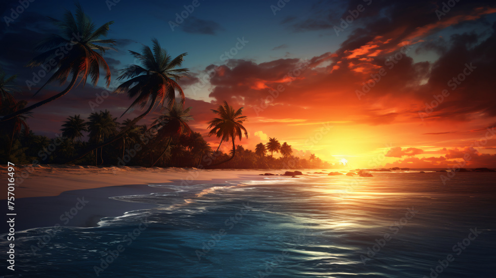 Beautiful tropical sunset with palm trees at beach