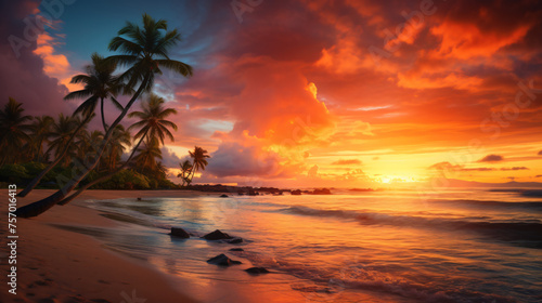 Beautiful tropical sunset with palm trees at beach