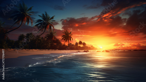 Beautiful tropical sunset with palm trees at beach © Ashley