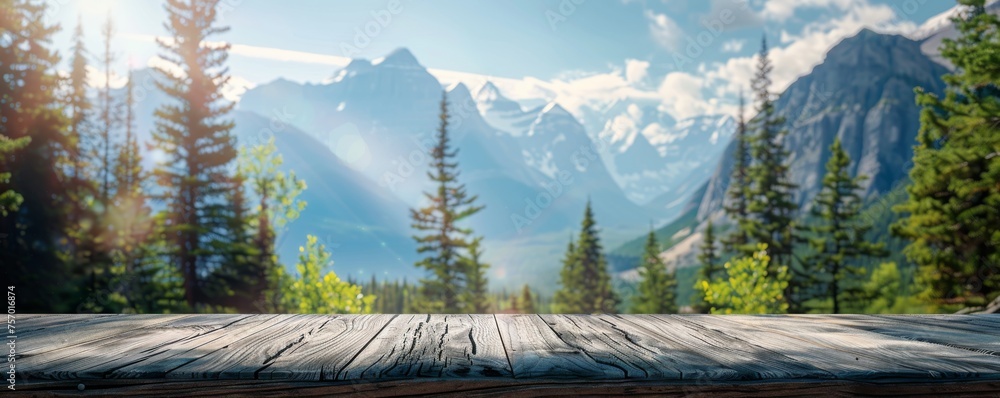 Beautiful scenery: empty white wooden table, Banff National Park view, blurred bokeh out of an open window, product display, defocus bokeh, blurred background with sunlight. product display template - obrazy, fototapety, plakaty 