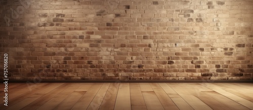 An empty room featuring a brown brick wall and hardwood flooring in a classic rectangle pattern. The wooden floor is coated with a warm wood stain