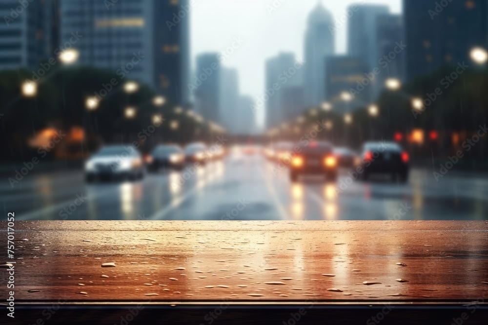 Blur traffic view seen through a rain covered car windscreen over a wooden table background
