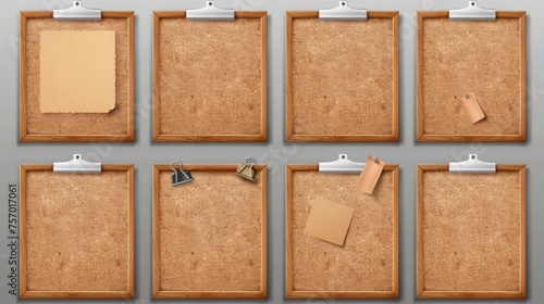 The set of memo pin boards, which are adorned with cork texture, is isolated on a transparent background. Modern illustration of round, square, and rectangular frame mockups, interior design