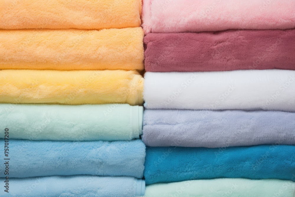Fluffy terry towels placed on a bright background seen from above Fluffy terry towels placed on a bright background seen from above
