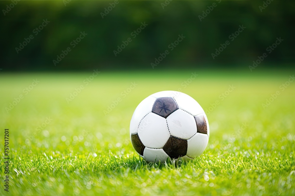 Football ball on the green grass of the stadium