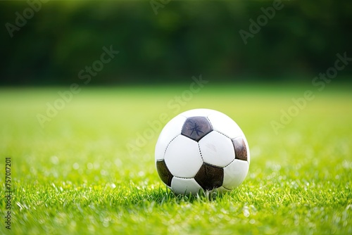 Football ball on the green grass of the stadium © The Big L