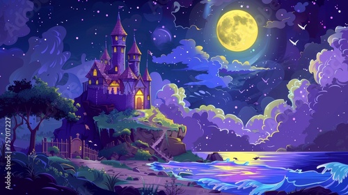 Imaginative fairytale castle rising above stormy night sea. Modern illustration of medieval palace with towers, wooden gate, light in windows and stars above.