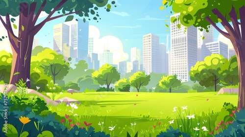 On a sunny day, a park with green trees, bushes, grass and flowers is surrounded by high rise buildings. Cartoon summer or spring landscape with a public garden and a meadow at the edge of downtown.