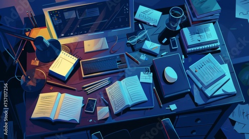 An evening view of a messy desk with a computer and stationery on top. Cartoon modern desk arranged with books and notepads, fashion magazines, and a mobile phone. A workplace for business or study.