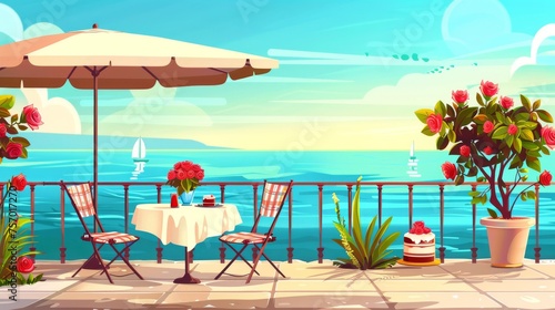 Typical summer time beach cafe on terrace with roses in vase and cake on table, chairs with plaids, umbrellas, plants and flowers. Cartoon seaside cafe on shore balcony.