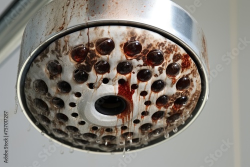Limescale covered dirty chrome shower head Hard water causing calcified mineral buildup photo