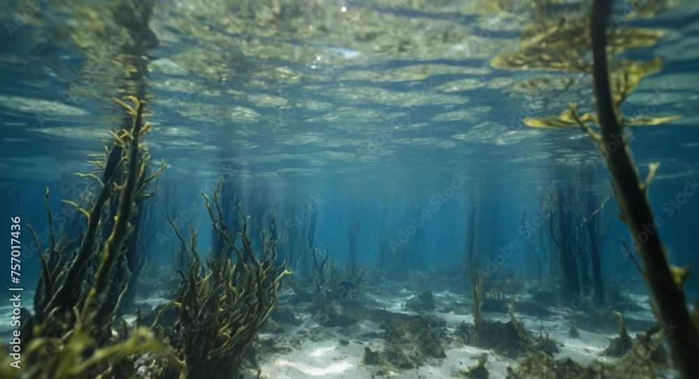 Blue carbon sinks. Natural carbon sinks capture emissions. Underwater plant role in carbon sequestration. Kelp forest and seagrass meadow. Underwater forest carbon dioxide capture.