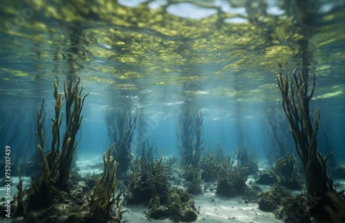 Blue carbon sinks. Natural carbon sinks capture emissions. Underwater plant role in carbon sequestration. Kelp forest and seagrass meadow. Underwater forest carbon dioxide capture. © mischenko