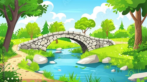 Park in city with stone bridge over river or pond, green trees and grass. Cartoon modern panorama of city garden landscape with water stream, lake, woods, and clouds in the blue sky.