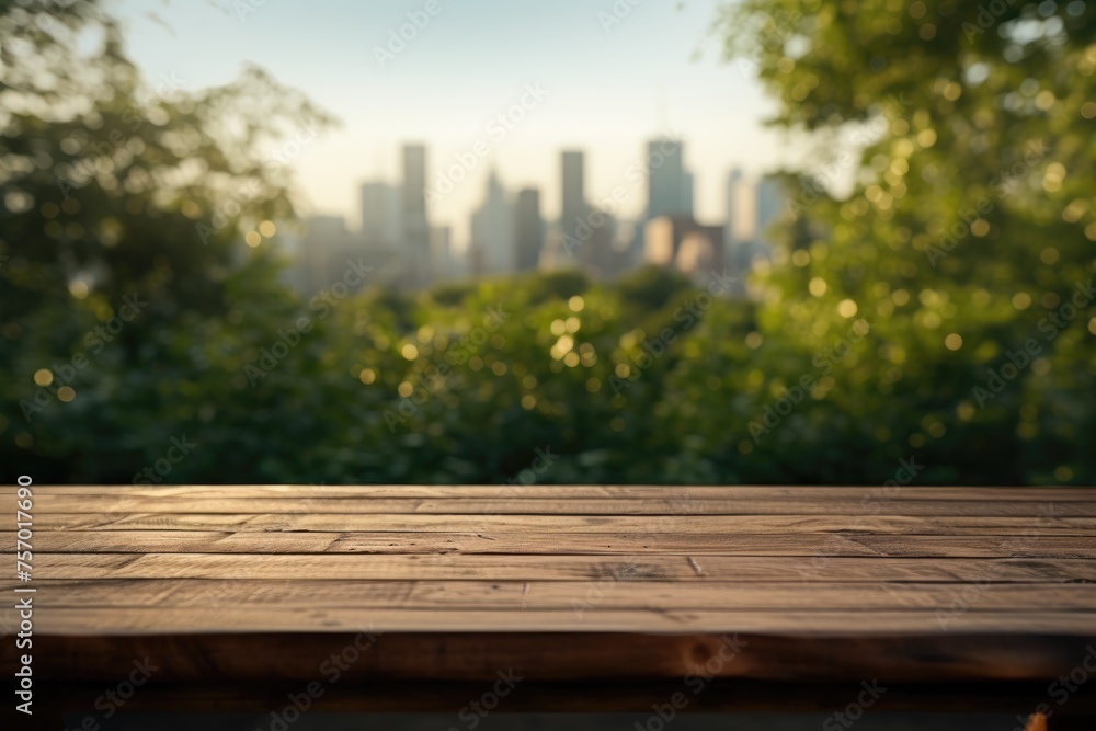 A wooden table devoid of objects positioned against a backdrop of a city park, appearing indistinct and out of focus. A wooden table devoid of objects positioned against a backdrop of a city park, appearing indistinct and out of focus.