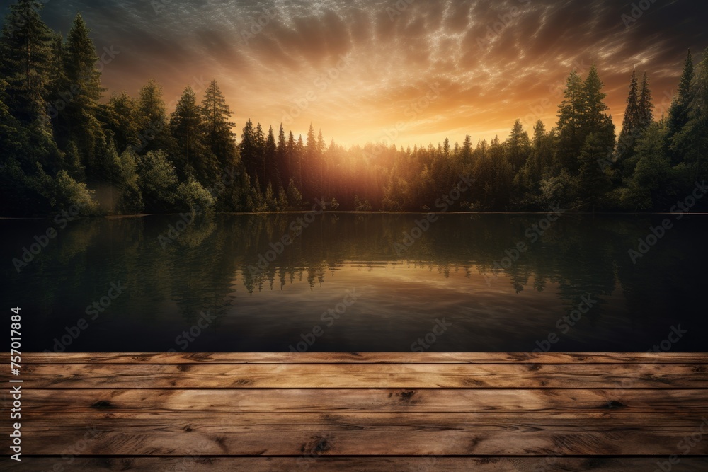 Background of a wooden board reflecting the last rays of the sun over a serene lake nestled in a forest.