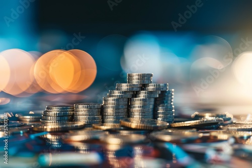 Pile of coins with a bokeh light effect, finance and investment concept