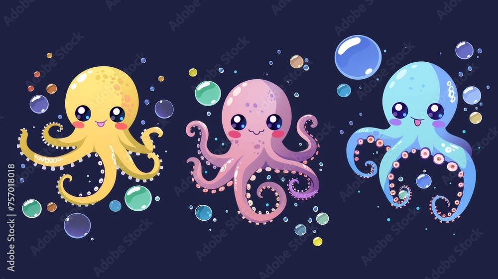A cute octopus cartoon character floating underwater with bubbles. Modern illustration set of an adorable marine or aquarium animal.