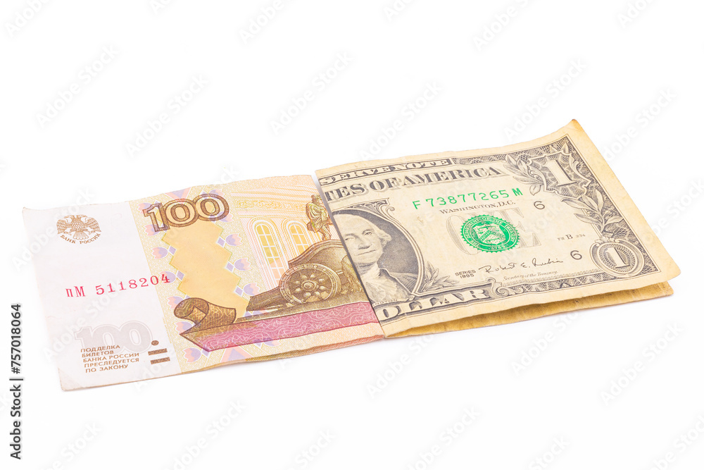 Concept background of One US dollar costs One hundred Russian rubles. The collapse of the Russian ruble. Currency exchange rate. Money isolated on white background