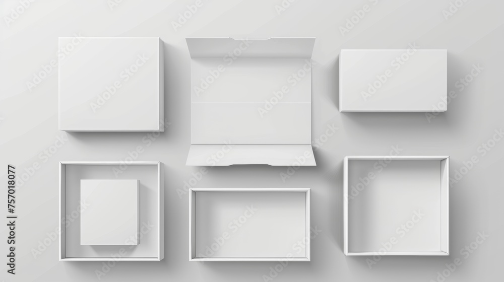A realistic modern illustration of a white closed and open cardboard box with a cover. The mockup contains a rectangular low paper pack with a cover, showing the closed and open cardboard box from A realistic modern illustration of a white closed and open cardboard box with a cover. The mockup contains a rectangular low paper pack with a cover, showing the closed and open cardboard box from