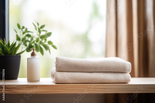 Blurred bathroom shelf background showcasing a wooden table adorned with a spa towel.