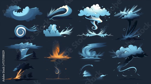 Cartoon collection of tornado cartoons, whirlwinds, and hurricanes. Modern illustration set of tornado tornadoes with dust clouds, clouds of dust, and water. photo