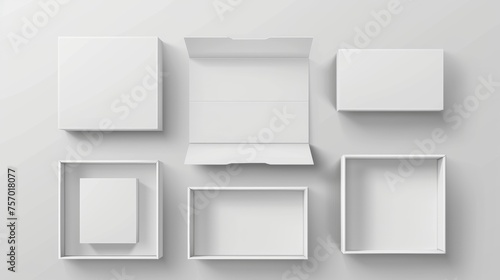 A realistic modern illustration of a white closed and open cardboard box with a cover. The mockup contains a rectangular low paper pack with a cover, showing the closed and open cardboard box from