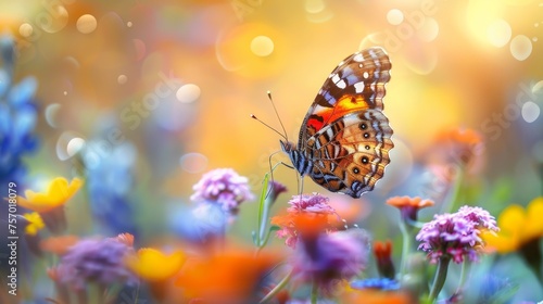 A beautiful butterfly vibrant field of colorful flowers photo