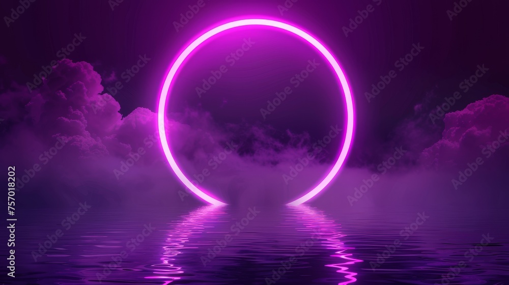 The ring has a neon glow in it with the reflection glowing on rippled surface, evening party, music show design backdrop with a neon circle frame on dark water background. Modern realistic