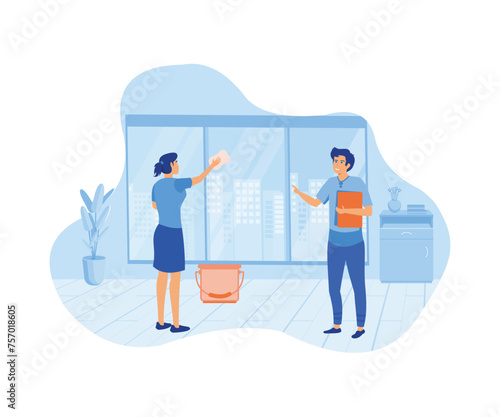 Hotel business concept. Experienced manager training staff. flat vector modern illustration