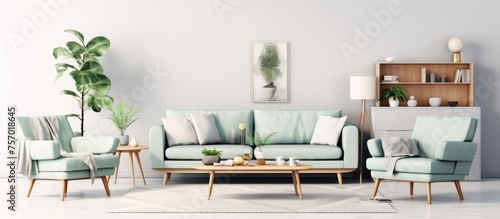 Wallpaper Mural A living room with furniture such as a couch, chairs, and a coffee table, along with a plant in a rectangular building with flooring Torontodigital.ca