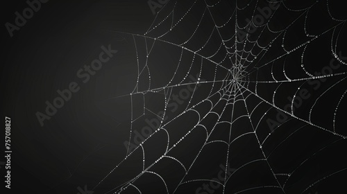 Halloween spider web background. Modern scary spooky cobweb net on black background. Creepy decoration texture with thin sticky thread line on dark. Arachnid trap for insects. © Mark